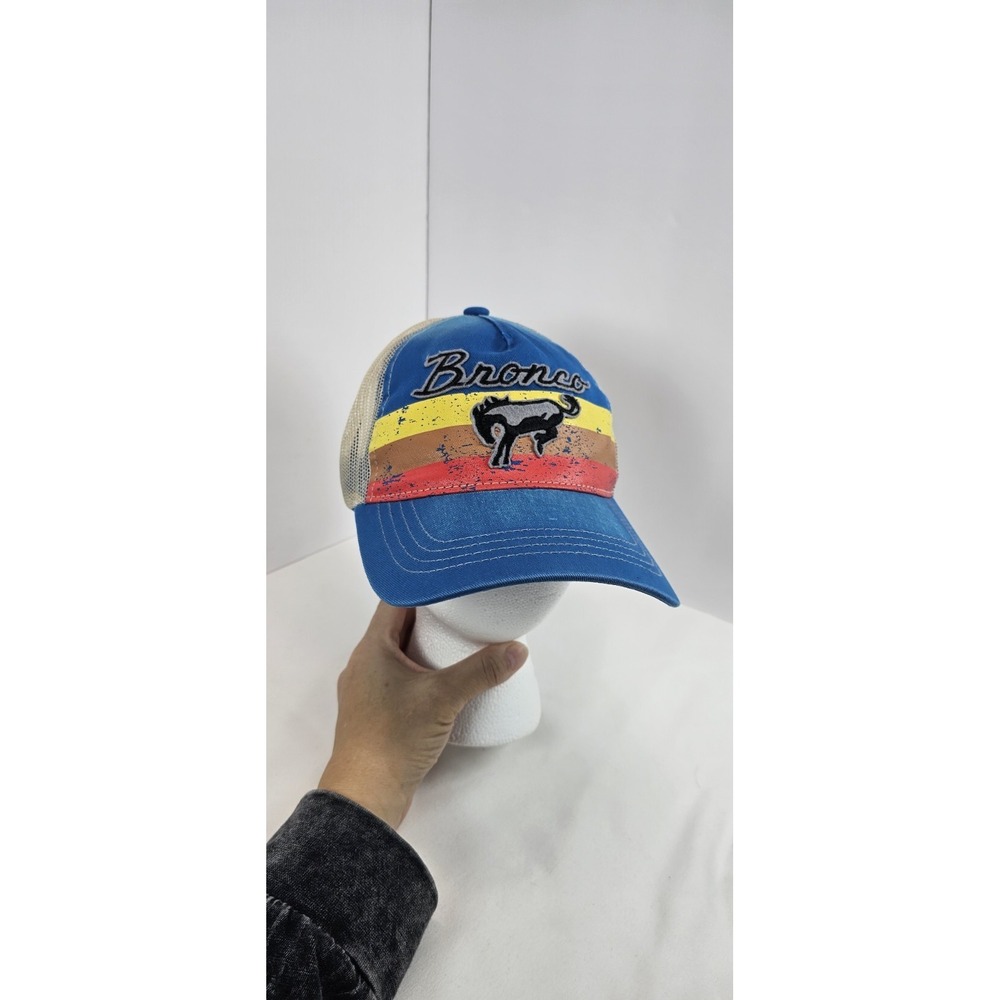 Ford Bronco‎ Trucker Hat Retro Stripe Script Logo Blue Mesh Adjustable Cap